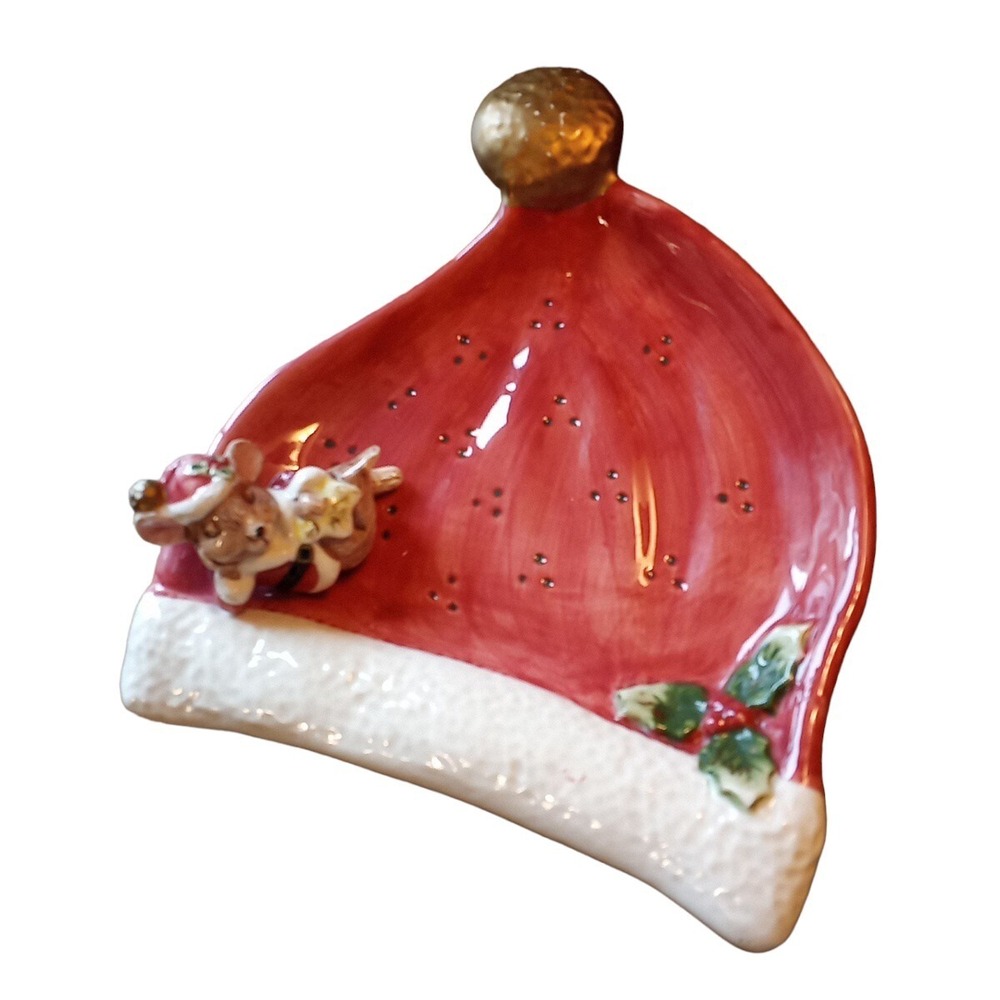Vtg 1996 Omnibus Fitz & Floyd Santa Hat Christmas Mouse Holly Trinket Dish READ
